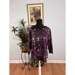 Multiples Women Top PXL 3/4 Sleeve Pullover Boho Tropical Vacation Resort Y2K